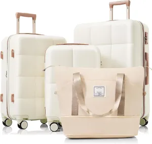 Expandable 4-Piece Luggage Set with USB Port for Travel, Durable ABS Hard Shell and Convenient Cup Holder, Beige