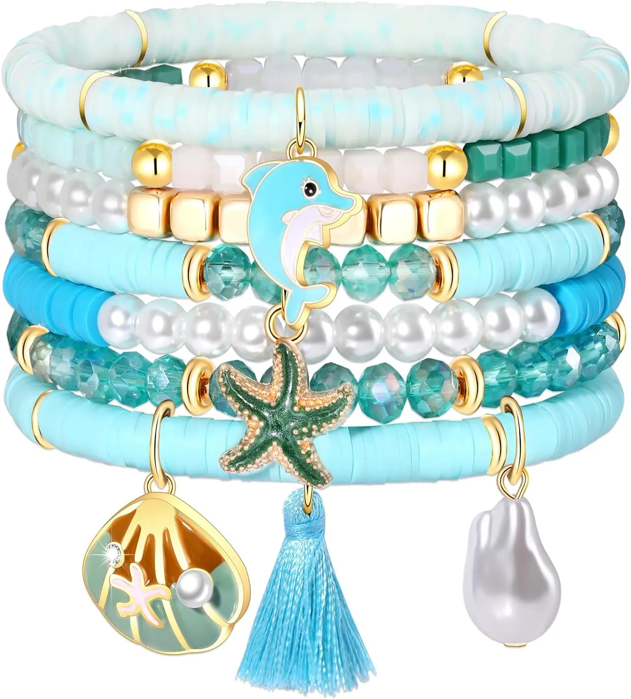 FAERLIIRY Beaded Bracelet Heishi Stretch Bracelets for Woman Preppy Bracelets Summer Beaded Bracelet Colorful Beach Surfer Bracelet Preppy Jewelry