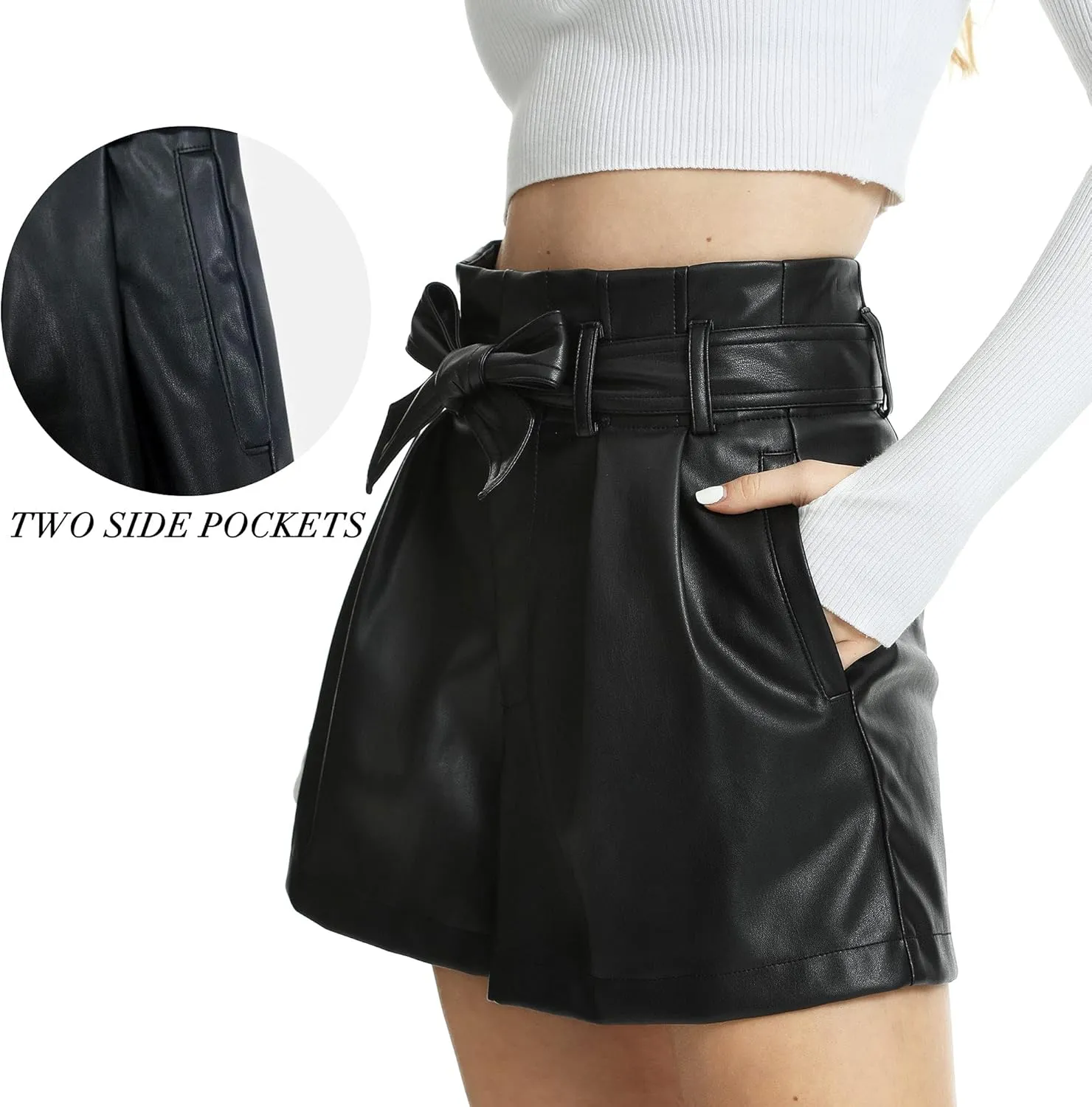 Fahsyee Black Faux Leather Shorts Women High Waisted Casual Wide Leg Size S-XXL