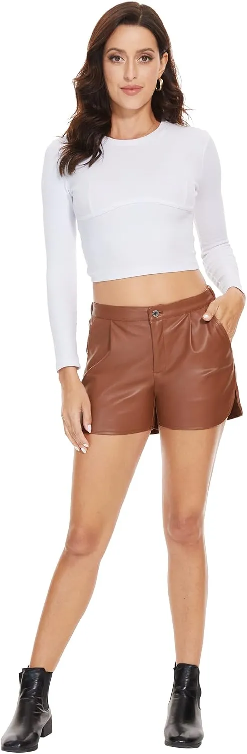 Fahsyee Black Faux Leather Shorts Women High Waisted Casual Wide Leg Size S-XXL