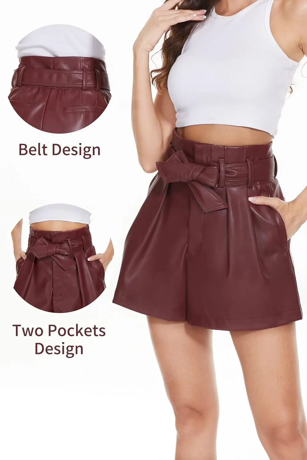 Fahsyee Black Faux Leather Shorts Women High Waisted Casual Wide Leg Size S-XXL