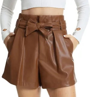 Fahsyee Black Faux Leather Shorts Women High Waisted Casual Wide Leg Size S-XXL