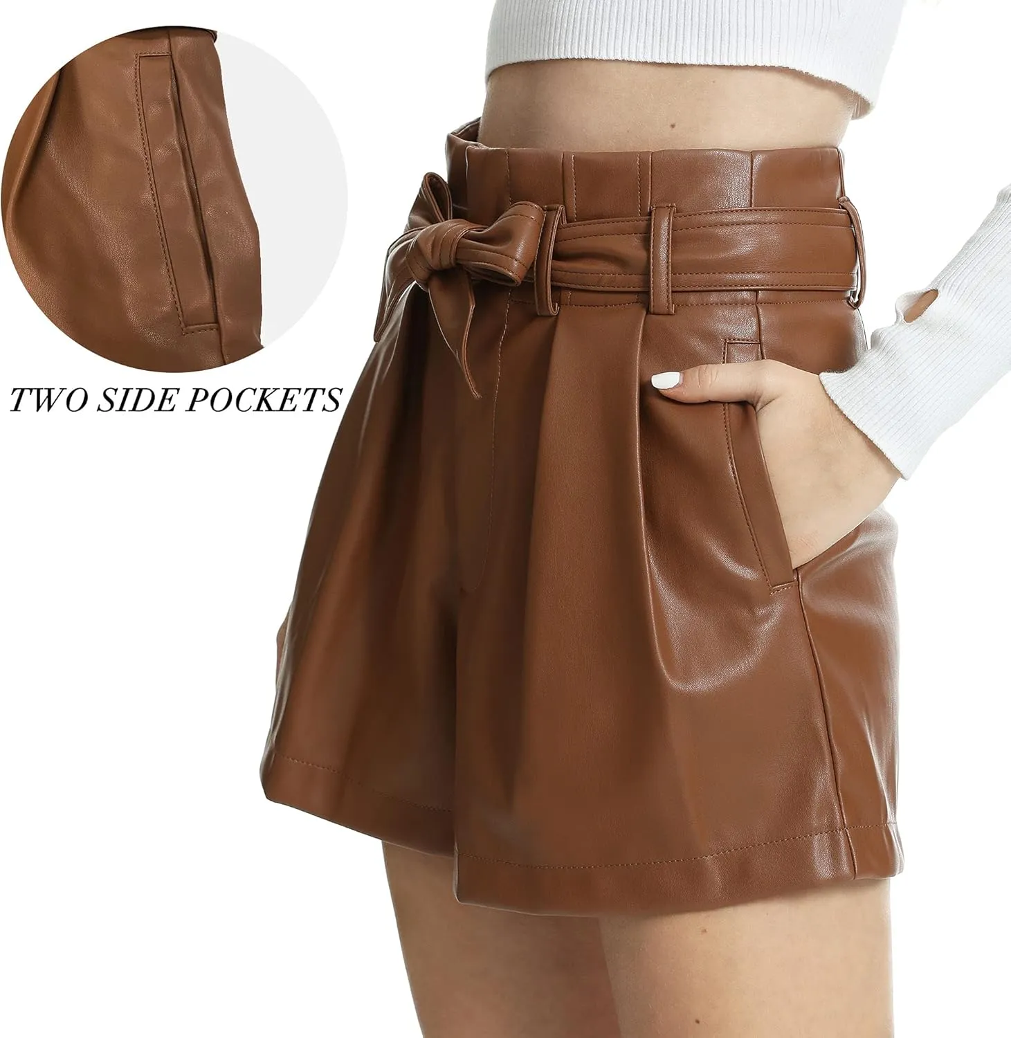 Fahsyee Black Faux Leather Shorts Women High Waisted Casual Wide Leg Size S-XXL