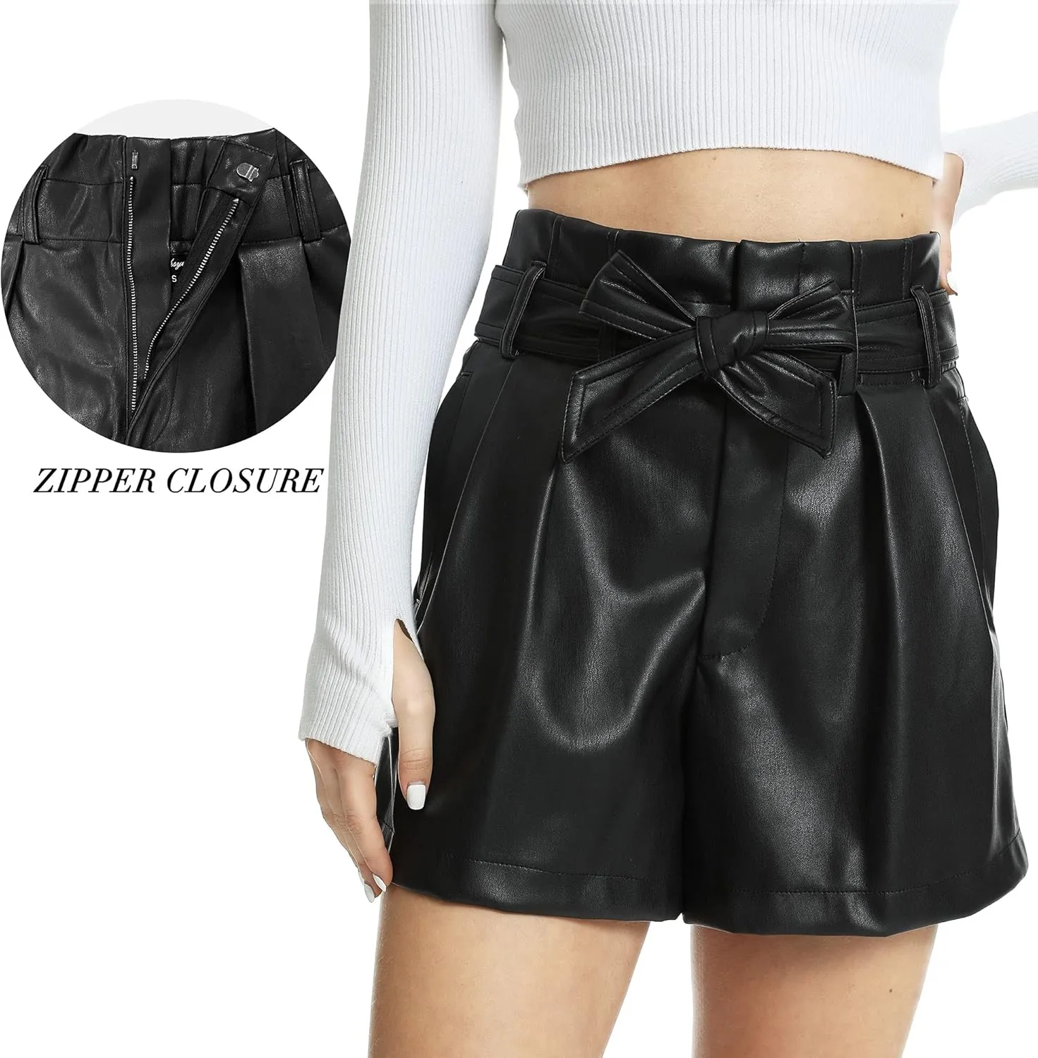 Fahsyee Black Faux Leather Shorts Women High Waisted Casual Wide Leg Size S-XXL