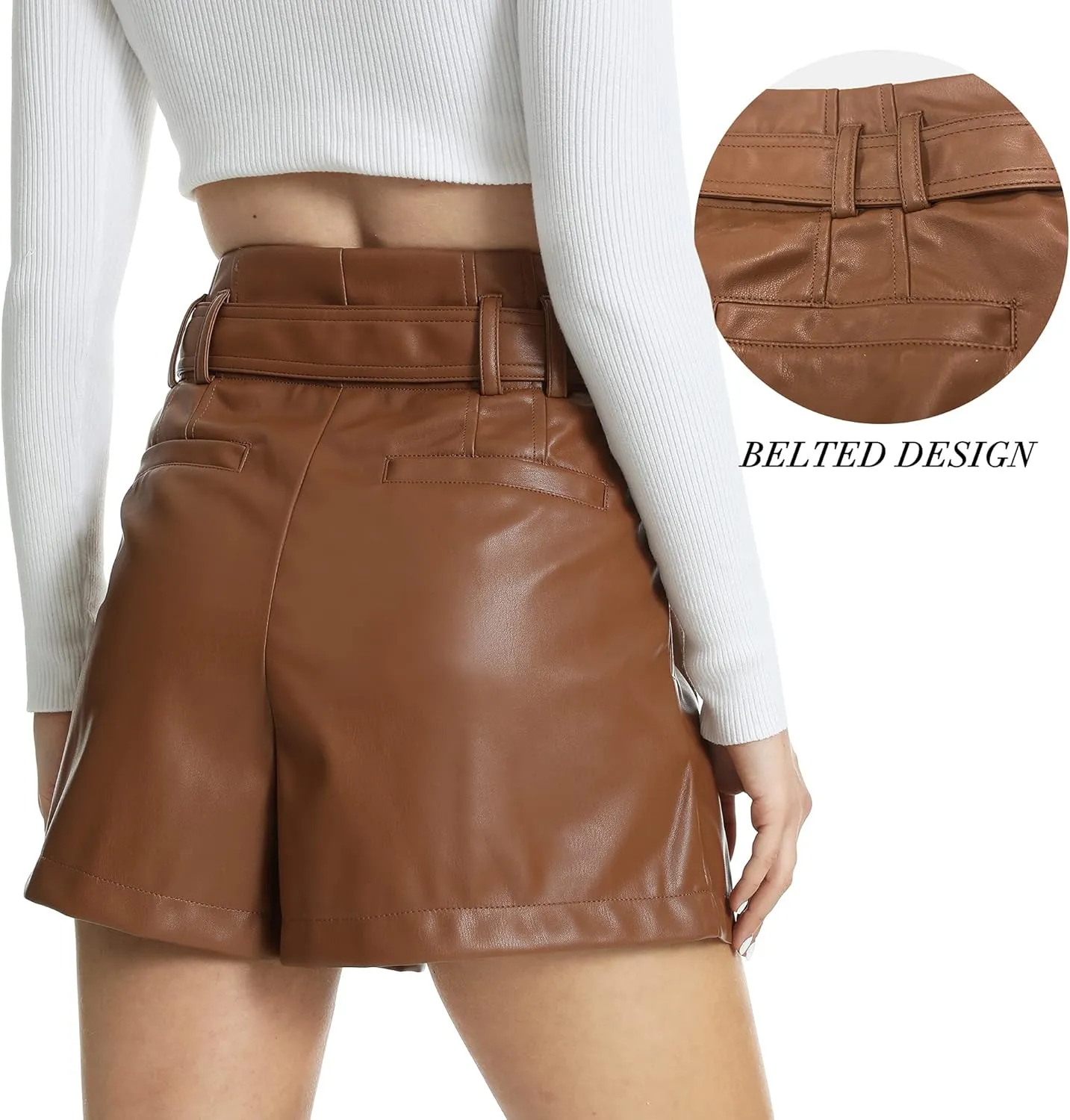 Fahsyee Black Faux Leather Shorts Women High Waisted Casual Wide Leg Size S-XXL