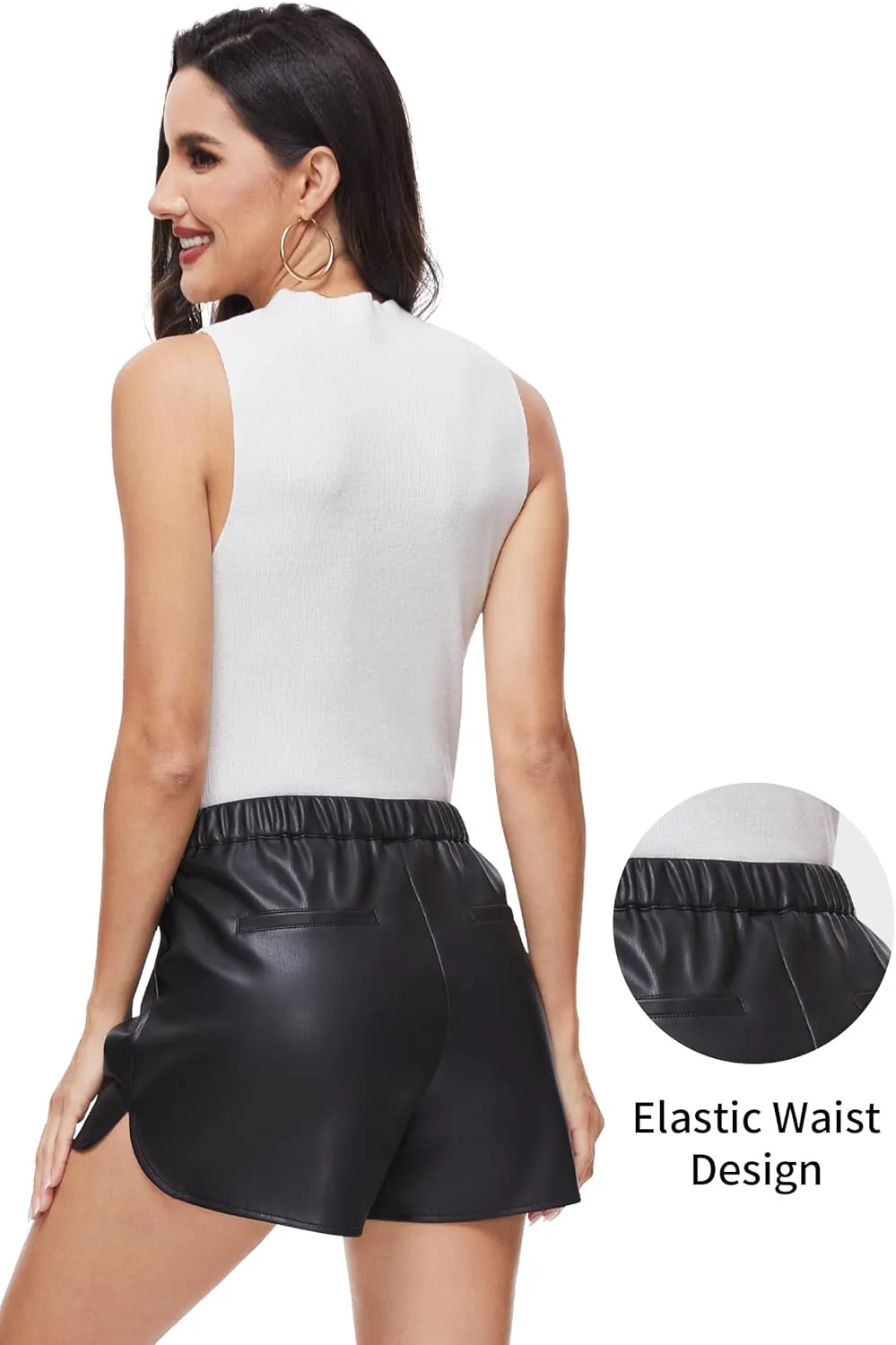 Fahsyee Black Faux Leather Shorts Women High Waisted Casual Wide Leg Size S-XXL