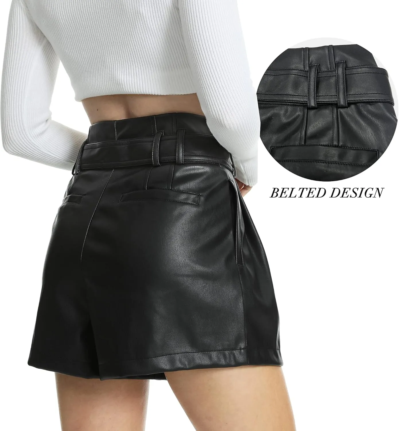 Fahsyee Black Faux Leather Shorts Women High Waisted Casual Wide Leg Size S-XXL