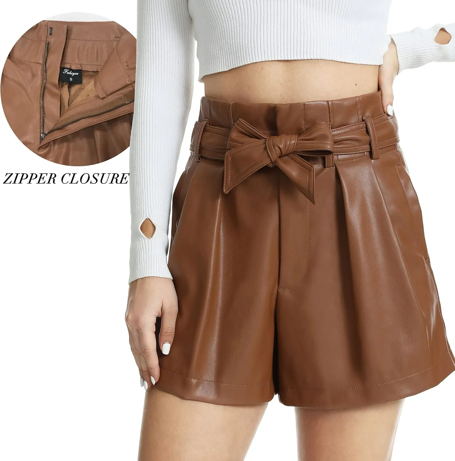 Fahsyee Black Faux Leather Shorts Women High Waisted Casual Wide Leg Size S-XXL