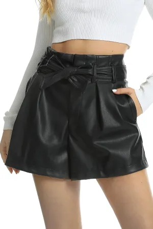 Fahsyee Black Faux Leather Shorts Women High Waisted Casual Wide Leg Size S-XXL