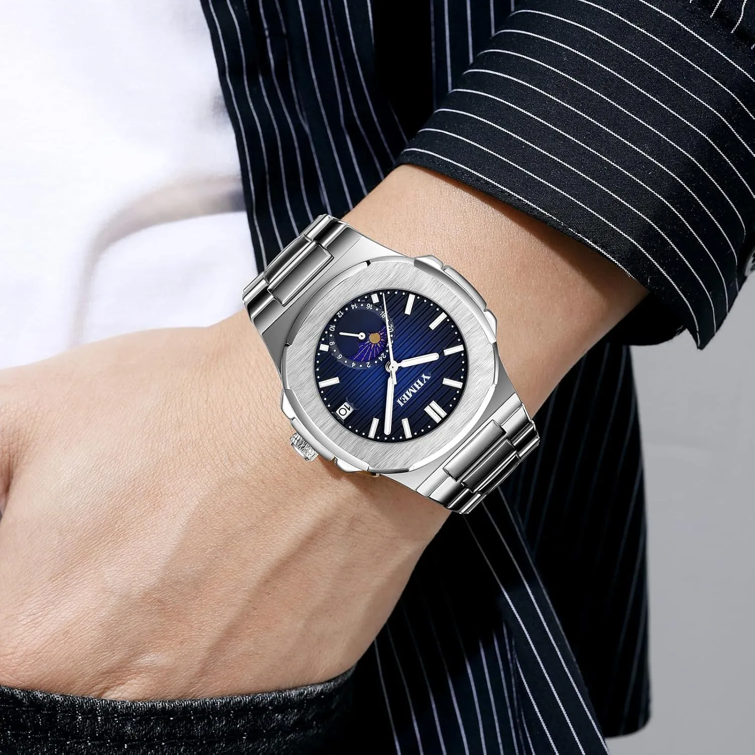 FANMIS Classic Men's Military Watches Moon Phase Chronograph Stainless Steel Waterproof Elegant Sport Wristwatch Minimalist Design Business Dress Watch