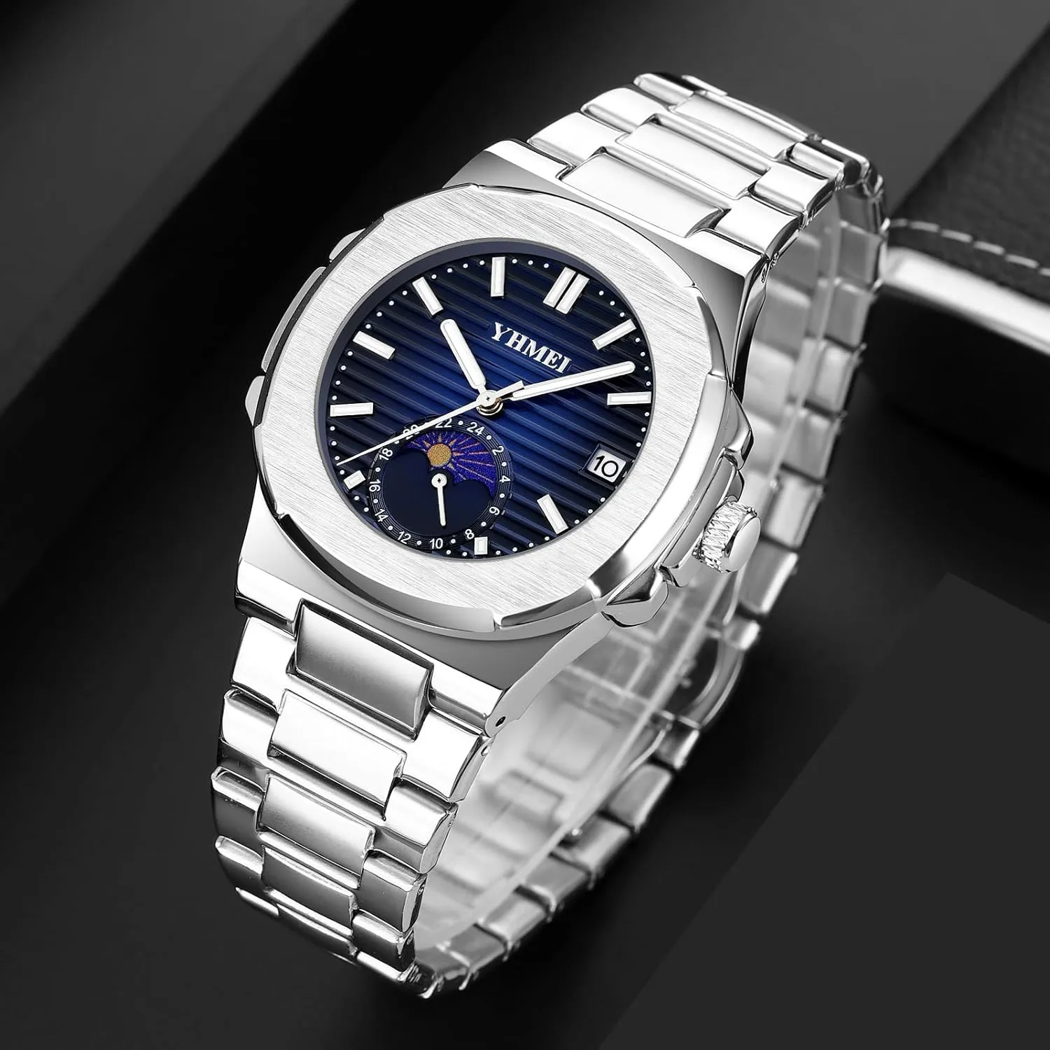 FANMIS Classic Men's Military Watches Moon Phase Chronograph Stainless Steel Waterproof Elegant Sport Wristwatch Minimalist Design Business Dress Watch