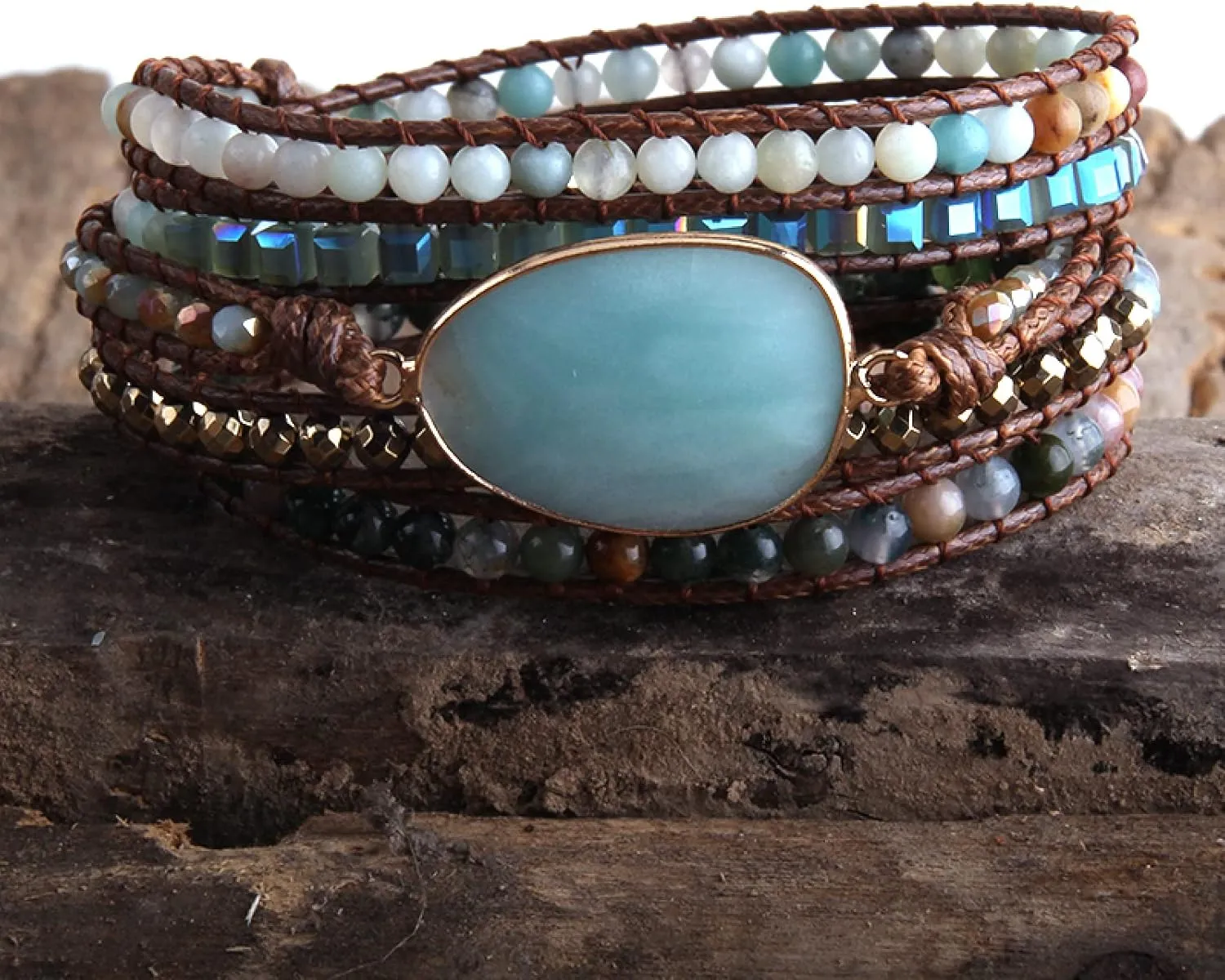 Fashion Boho Beaded Bracelet Handmade Mixed Natural & Crystal Stone Charm 5 Strands Wrap Bracelets Gift,Amazonite