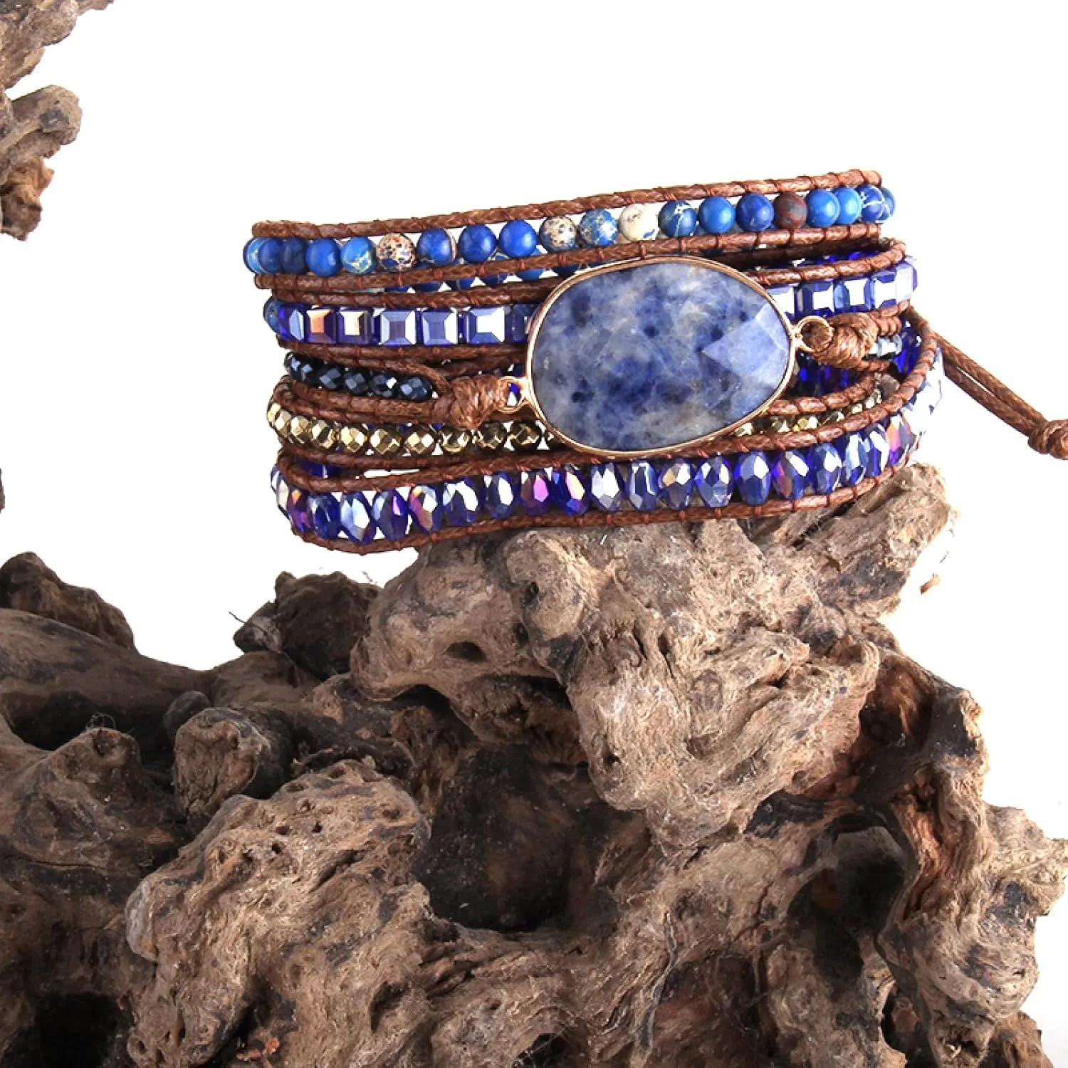 Fashion Handmade Friendship Beaded Armbander Multicolor Crystal Natural Stones Mixed 5X Woven Wrap Bracelets,Dark Blue,90cm