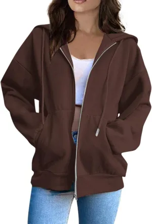 Fashion Hoodies Vintage Zipper Oversized Loose Fit Hoodies Women Long Sleeve Solid Jackets Soft Outdoor Sweatshirt