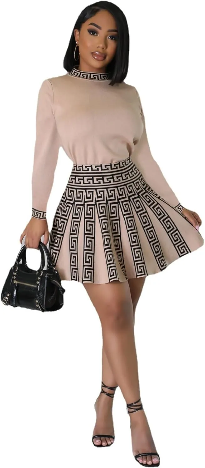Fashion Round Neck Sleeved Pleated Skirt Two-Piece Knit Printed Dress