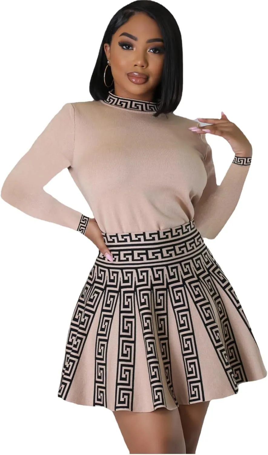 Fashion Round Neck Sleeved Pleated Skirt Two-Piece Knit Printed Dress