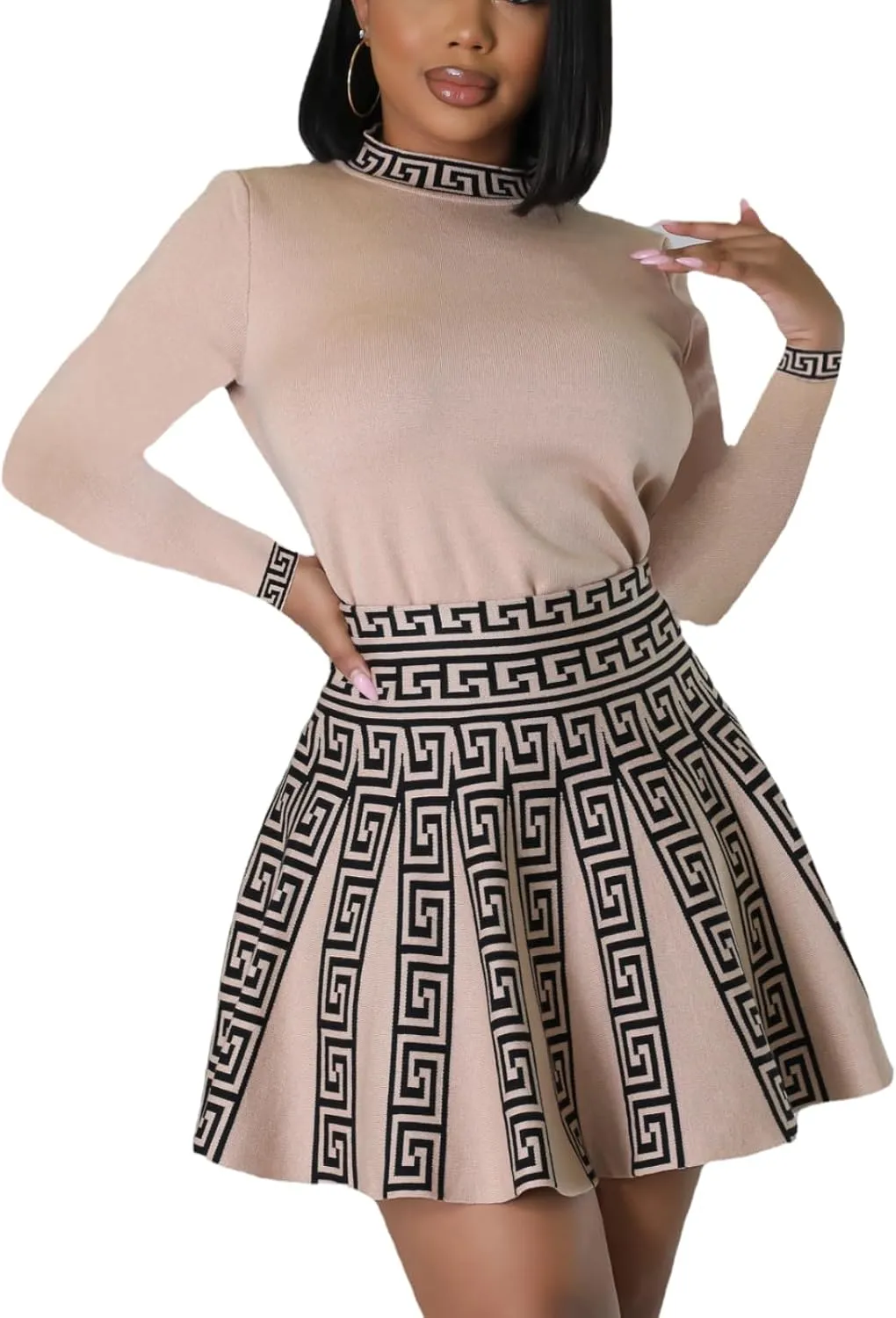 Fashion Round Neck Sleeved Pleated Skirt Two-Piece Knit Printed Dress