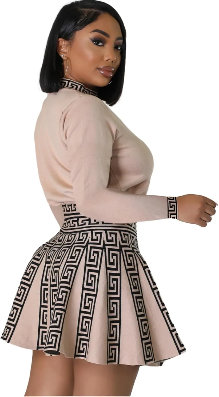 Fashion Round Neck Sleeved Pleated Skirt Two-Piece Knit Printed Dress