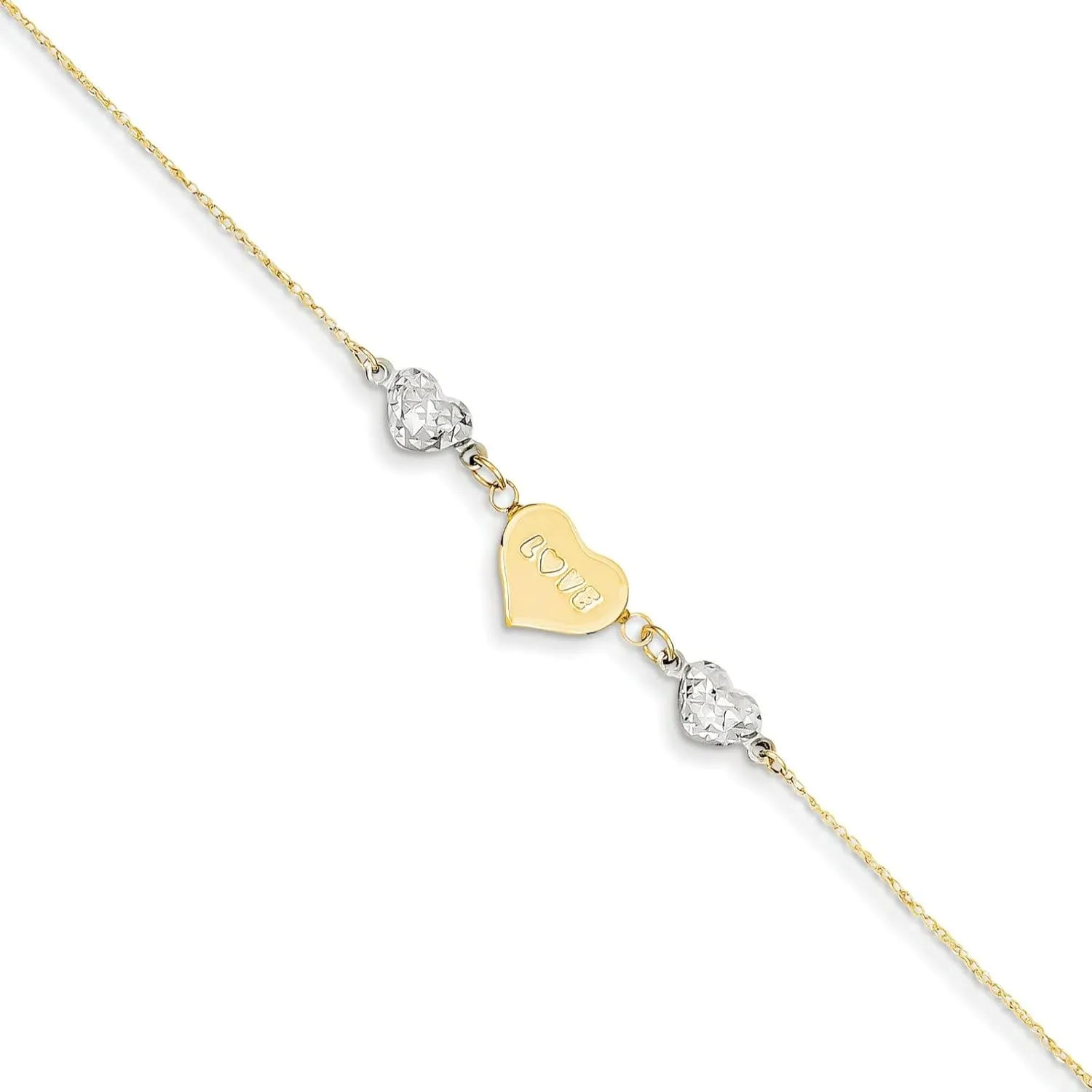 FindingKing 14K Gold Two Tone Diamond Cut Beaded Puff Heart Love Anklet Jewelry 9"