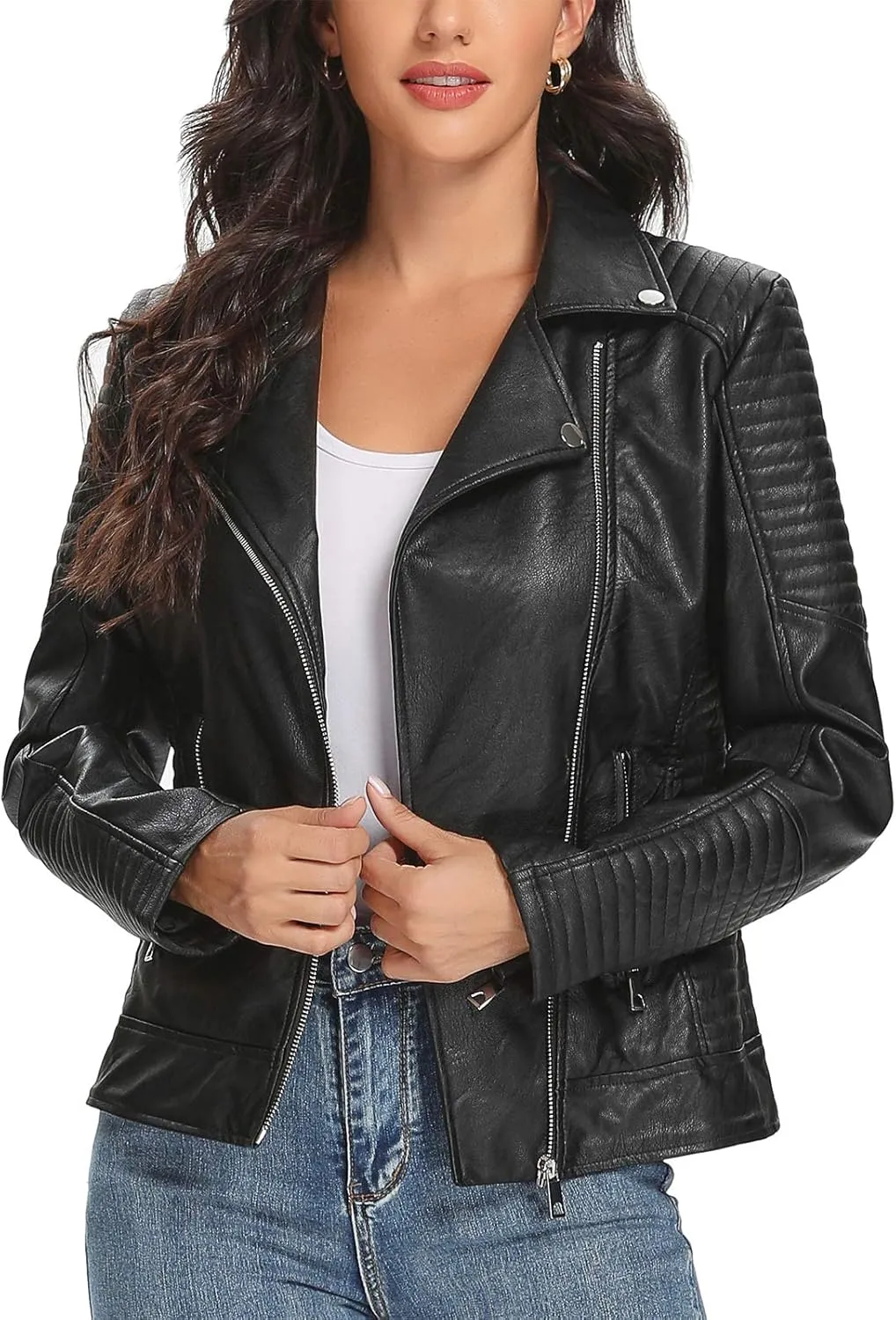 FIRST WAY Faux Leather Jackets for Women, Black Vegan Jackets Moto Biker Motorcycle Coat