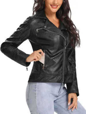 FIRST WAY Faux Leather Jackets for Women, Black Vegan Jackets Moto Biker Motorcycle Coat
