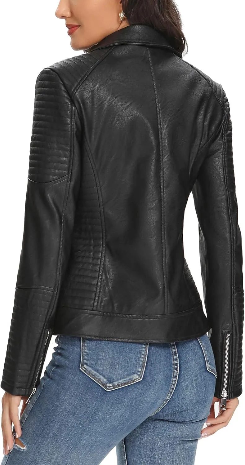 FIRST WAY Faux Leather Jackets for Women, Black Vegan Jackets Moto Biker Motorcycle Coat