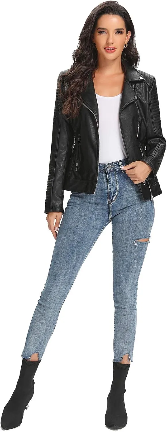 FIRST WAY Faux Leather Jackets for Women, Black Vegan Jackets Moto Biker Motorcycle Coat