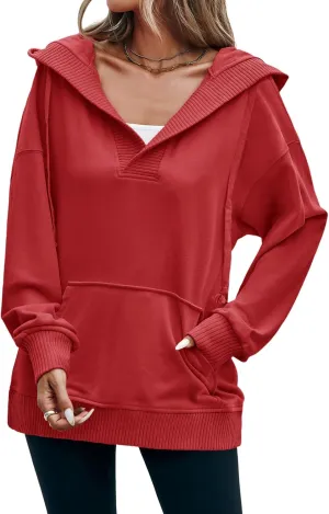Fisoew Womens Casual Oversized Hoodies V Neck Long Sleeve Loose Pullovers Hooded Sweatshirts Tops Active Hoodie Wine Red