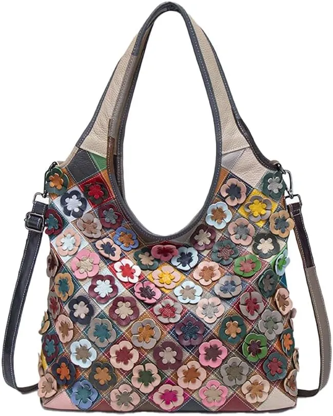 Floral Patchwork Leather Hobo Bag, Multicolor Cowhide Shoulder Purse with Flower Appliques, 14.17 x 13.78 x 4.96 inches