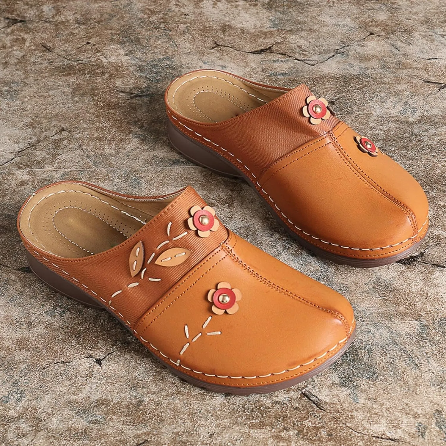 Flowers Clogs Shoes for Women Summer Leather Comfortable Slippers Casual Slip on Wide Fit Mules Lightweight Closed Toe Open Back Loafers with Arch Support