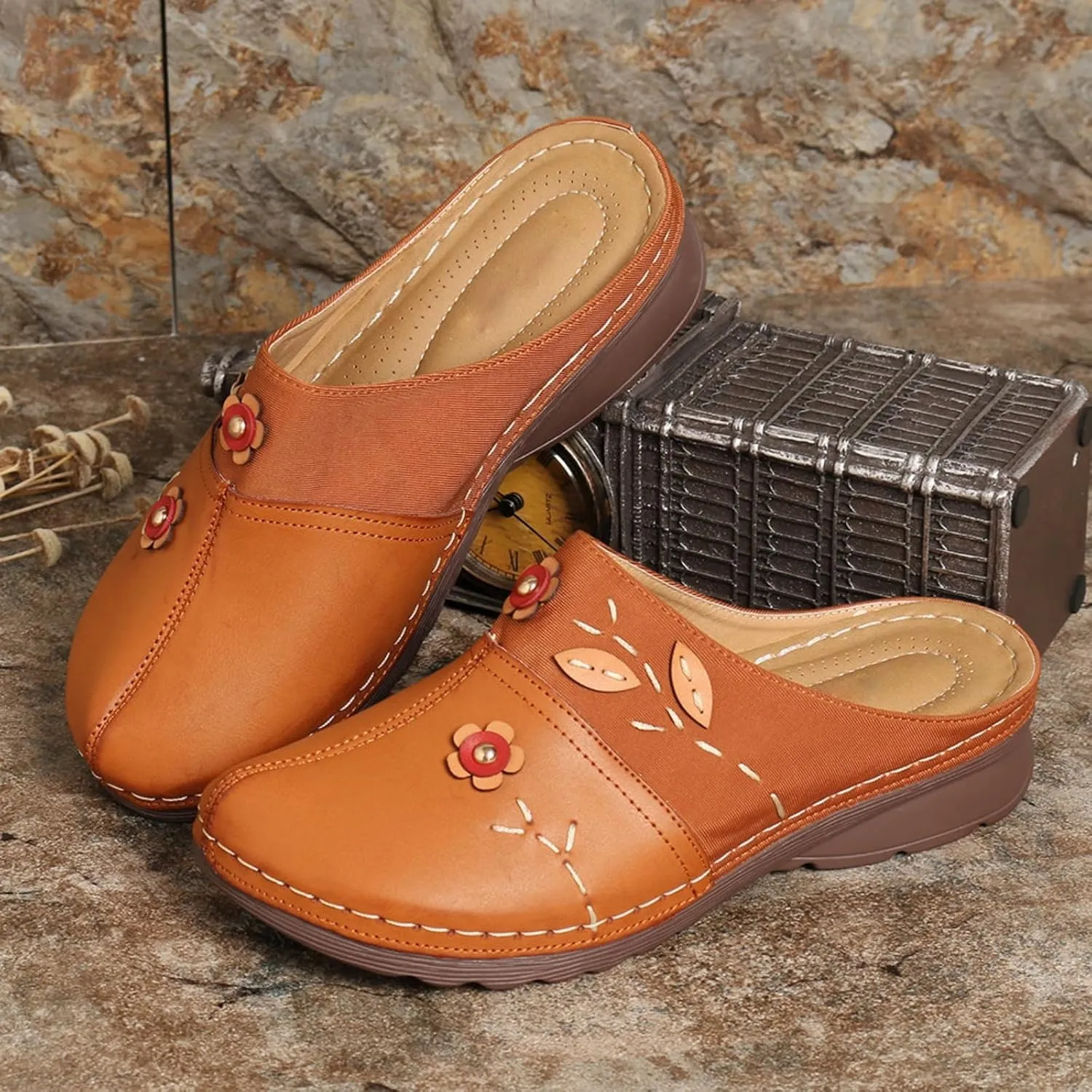 Flowers Clogs Shoes for Women Summer Leather Comfortable Slippers Casual Slip on Wide Fit Mules Lightweight Closed Toe Open Back Loafers with Arch Support