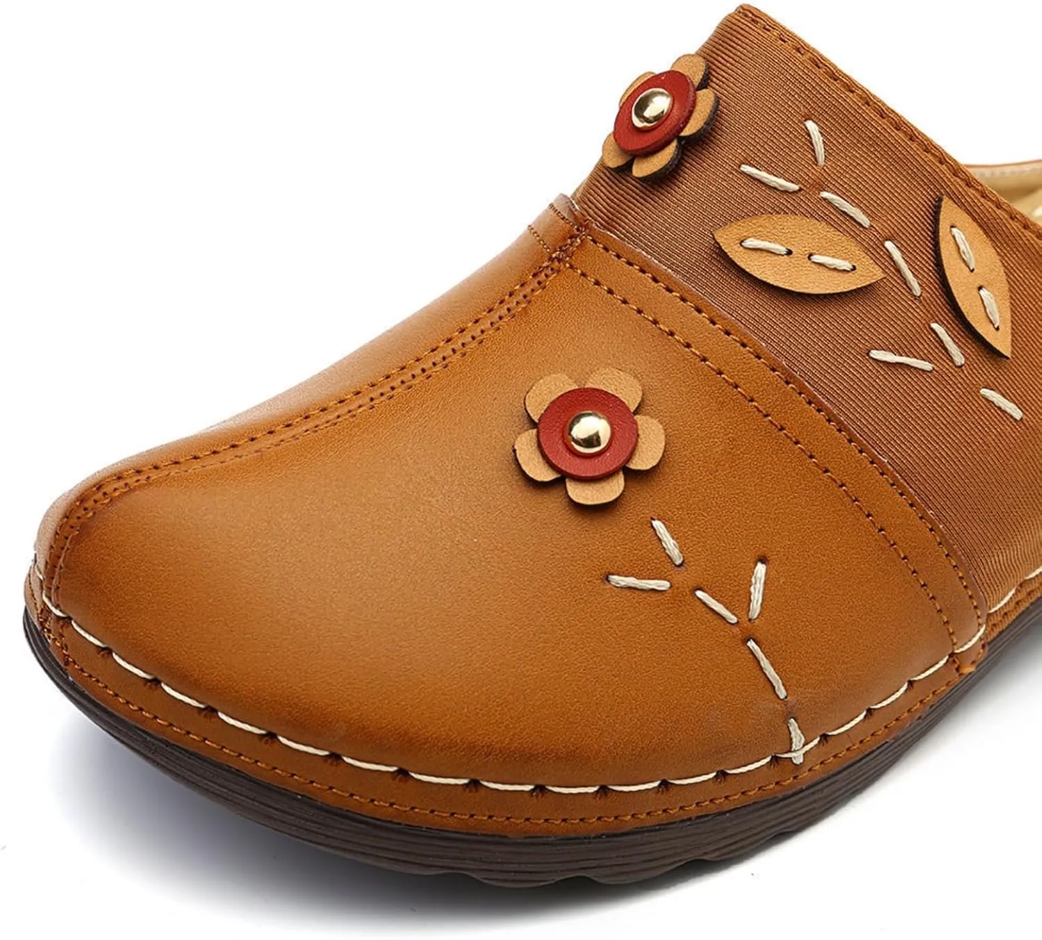 Flowers Clogs Shoes for Women Summer Leather Comfortable Slippers Casual Slip on Wide Fit Mules Lightweight Closed Toe Open Back Loafers with Arch Support