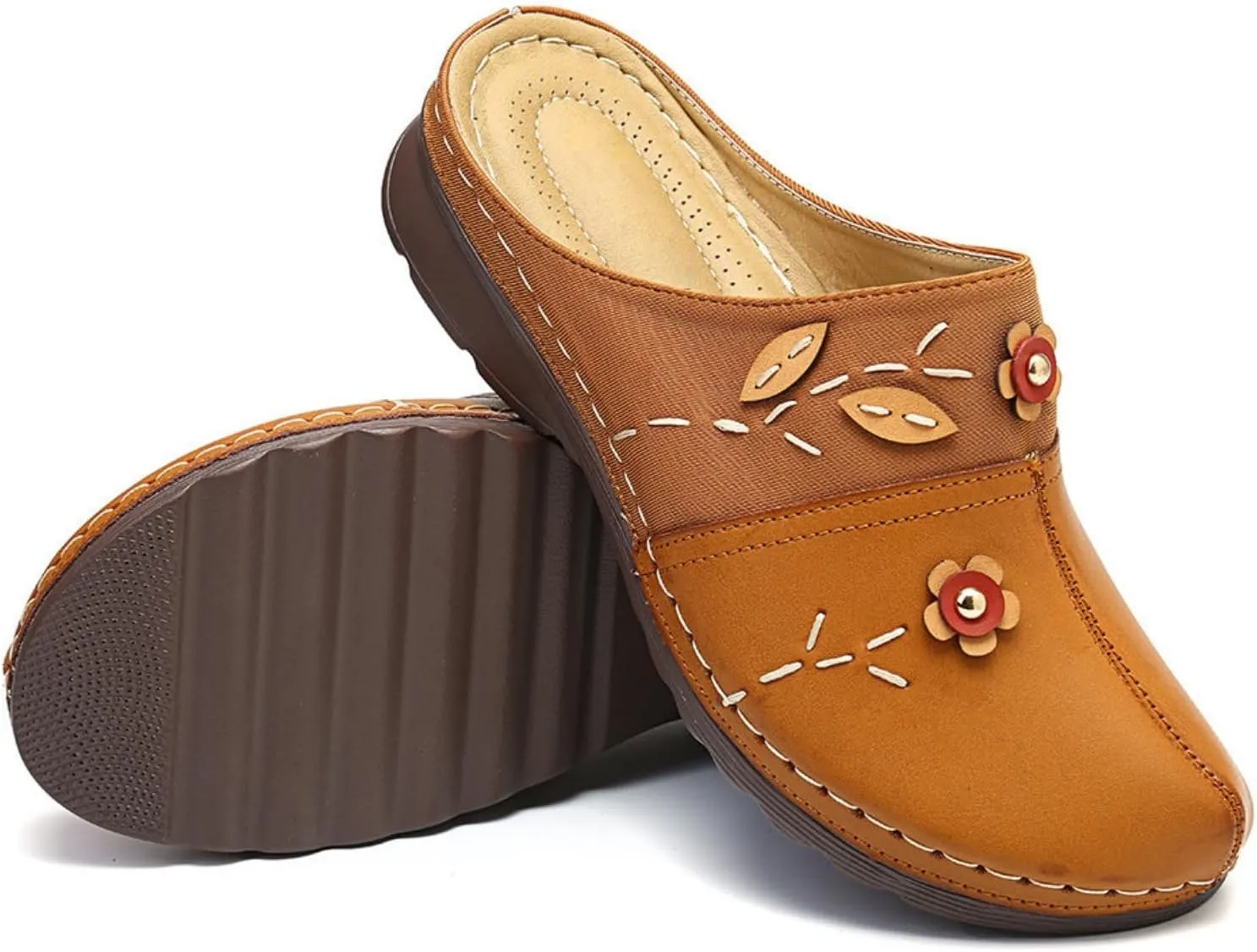 Flowers Clogs Shoes for Women Summer Leather Comfortable Slippers Casual Slip on Wide Fit Mules Lightweight Closed Toe Open Back Loafers with Arch Support