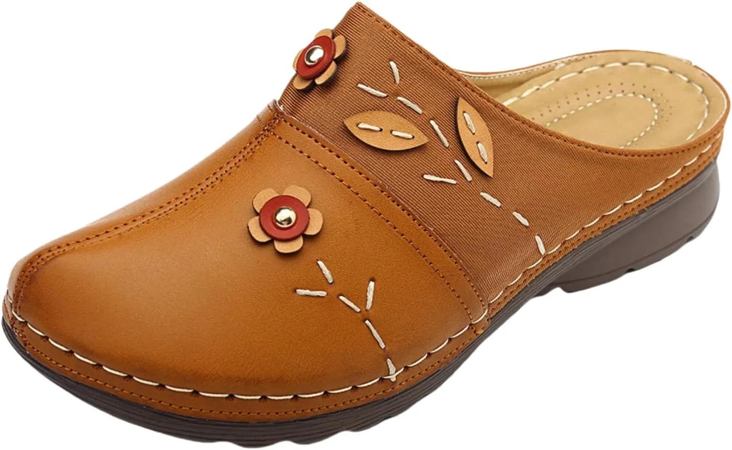 Flowers Clogs Shoes for Women Summer Leather Comfortable Slippers Casual Slip on Wide Fit Mules Lightweight Closed Toe Open Back Loafers with Arch Support