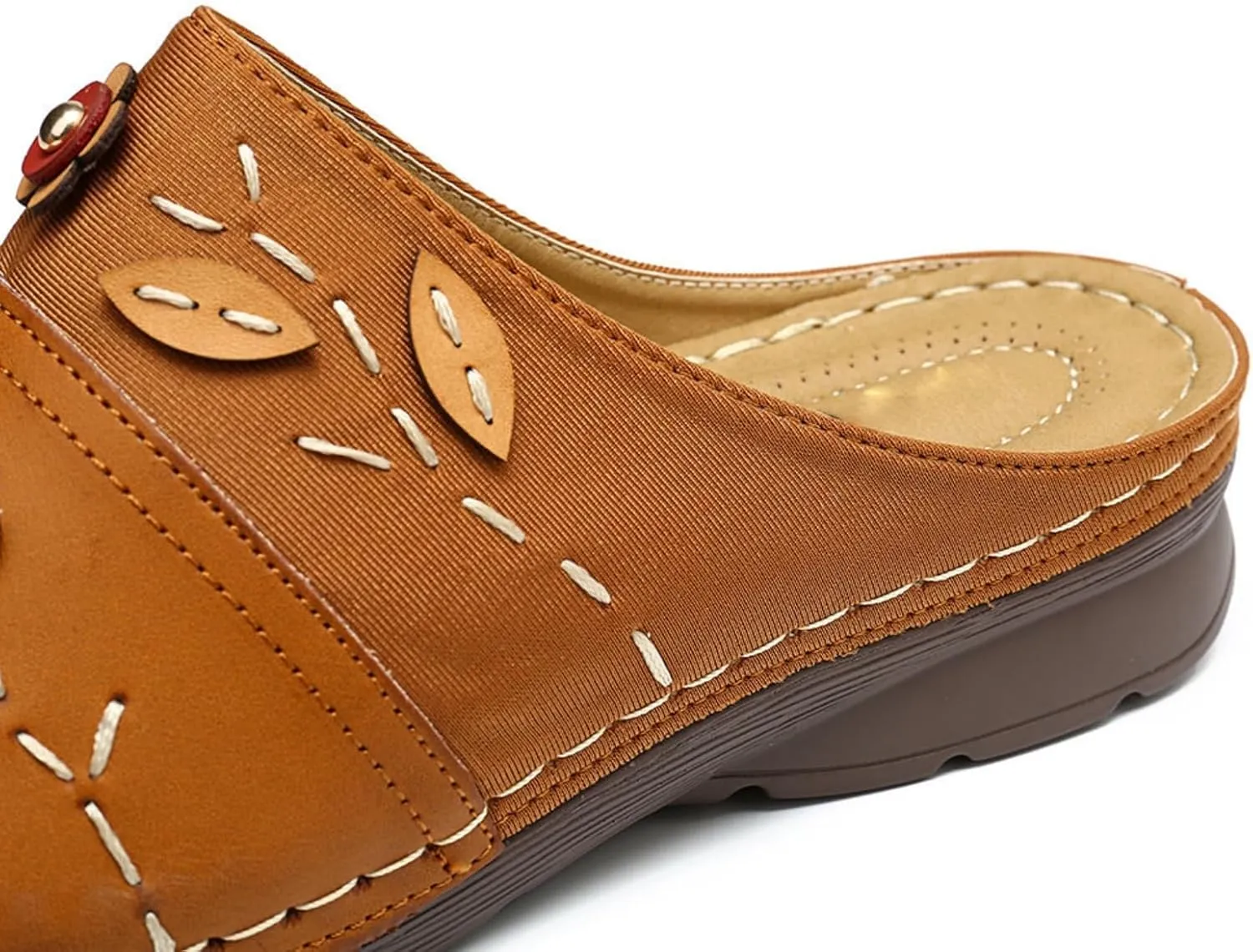 Flowers Clogs Shoes for Women Summer Leather Comfortable Slippers Casual Slip on Wide Fit Mules Lightweight Closed Toe Open Back Loafers with Arch Support