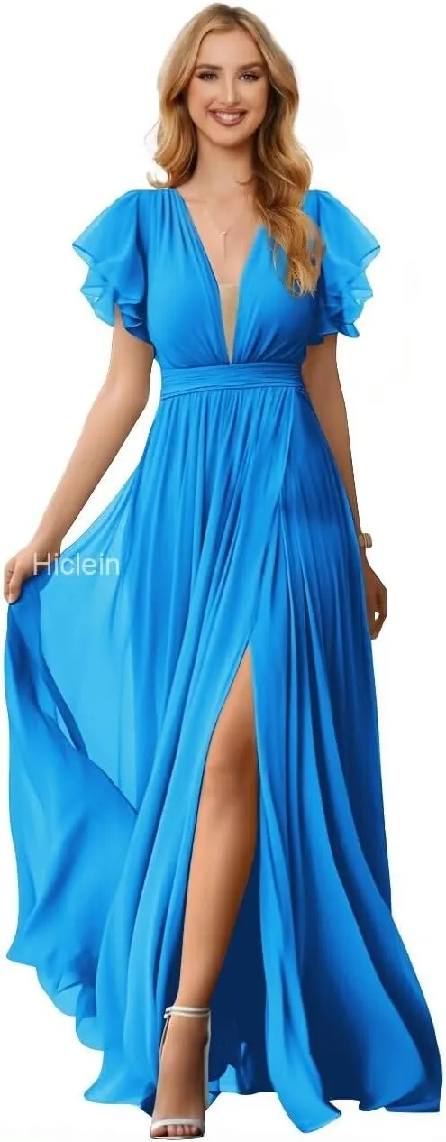 Flutter Sleeve Chiffon Bridesmaid Dresses for Women Wedding V Neck Ruched Long Formal Evening Dress with Slit