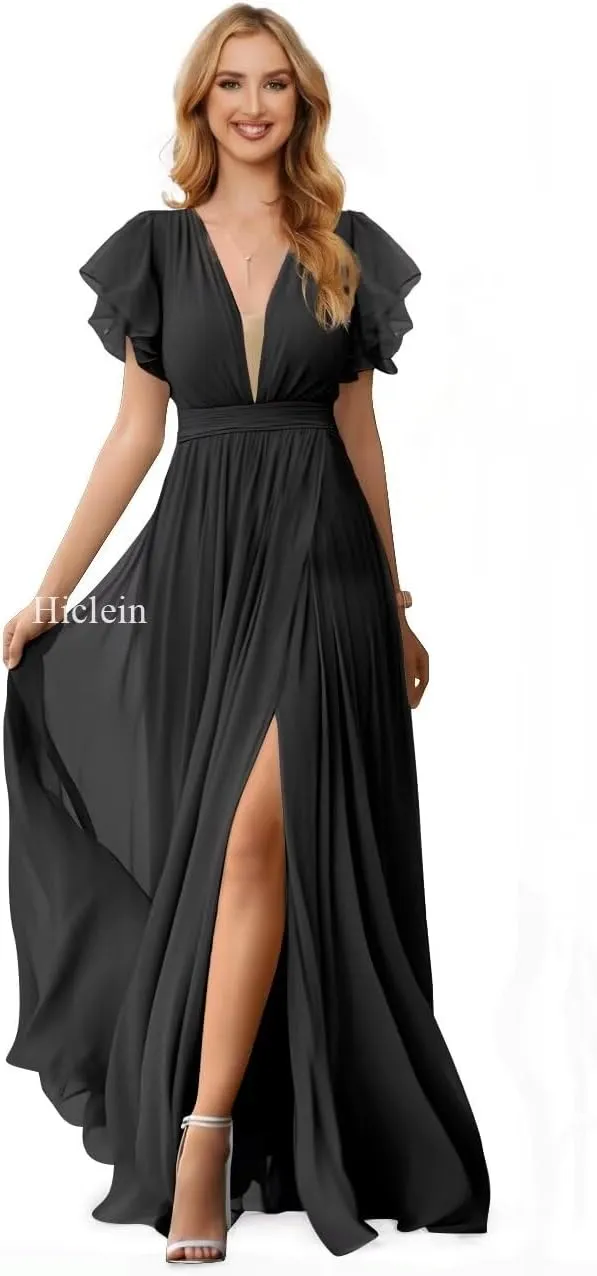 Flutter Sleeve Chiffon Bridesmaid Dresses for Women Wedding V Neck Ruched Long Formal Evening Dress with Slit