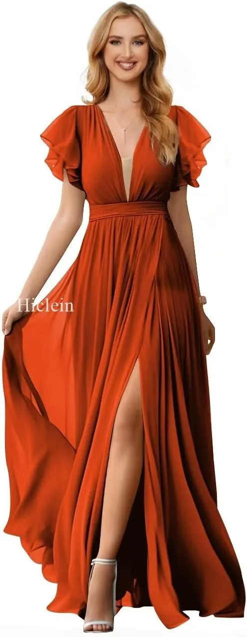 Flutter Sleeve Chiffon Bridesmaid Dresses for Women Wedding V Neck Ruched Long Formal Evening Dress with Slit