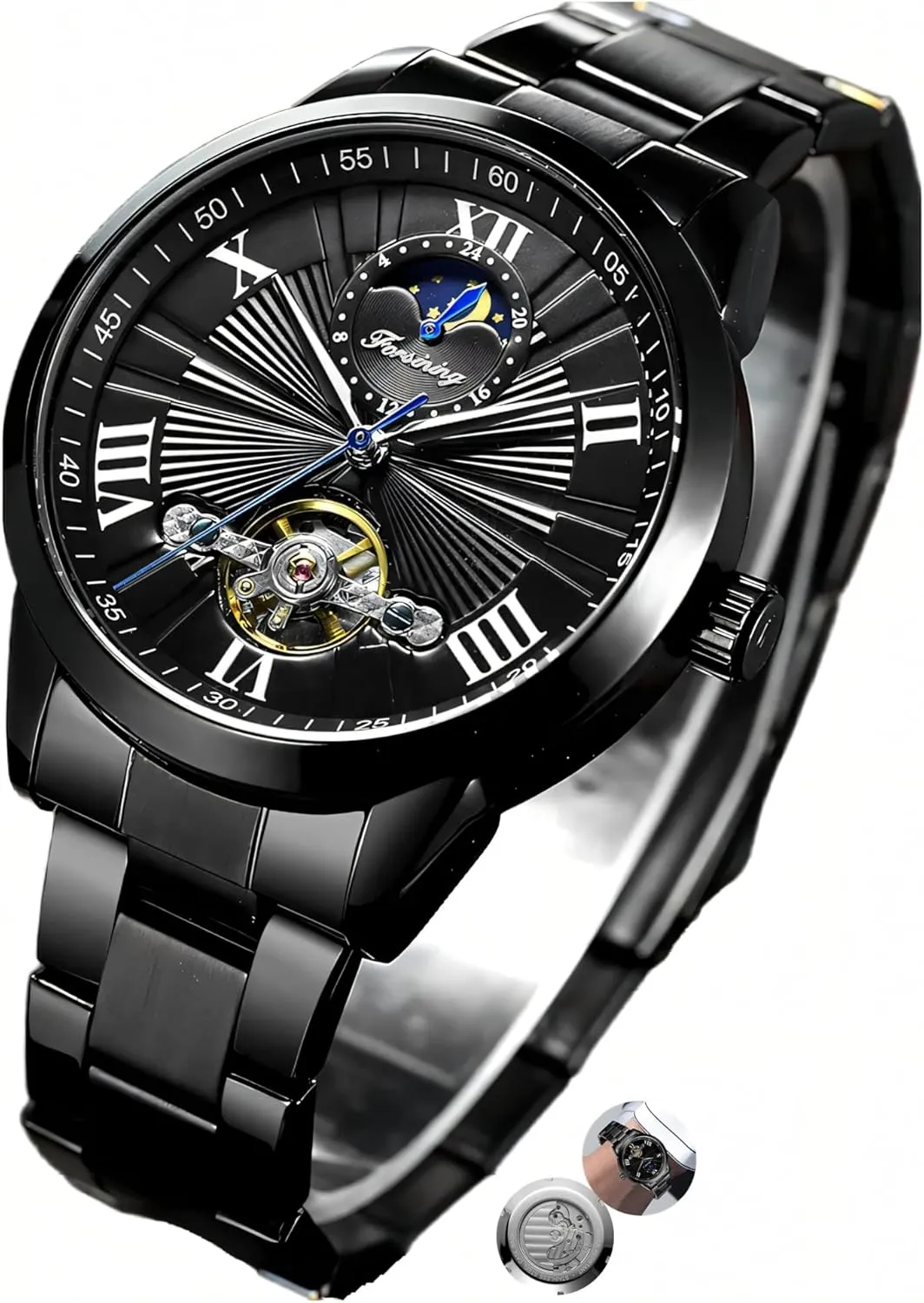 FORSINING Men Automatic Watch Moon Phase Flywheel Hollow Out Mechanical Watch Stainless Steel Strap Wristwatch Men's Waterproof Business Watches