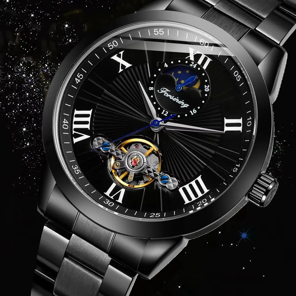 FORSINING Men Automatic Watch Moon Phase Flywheel Hollow Out Mechanical Watch Stainless Steel Strap Wristwatch Men's Waterproof Business Watches
