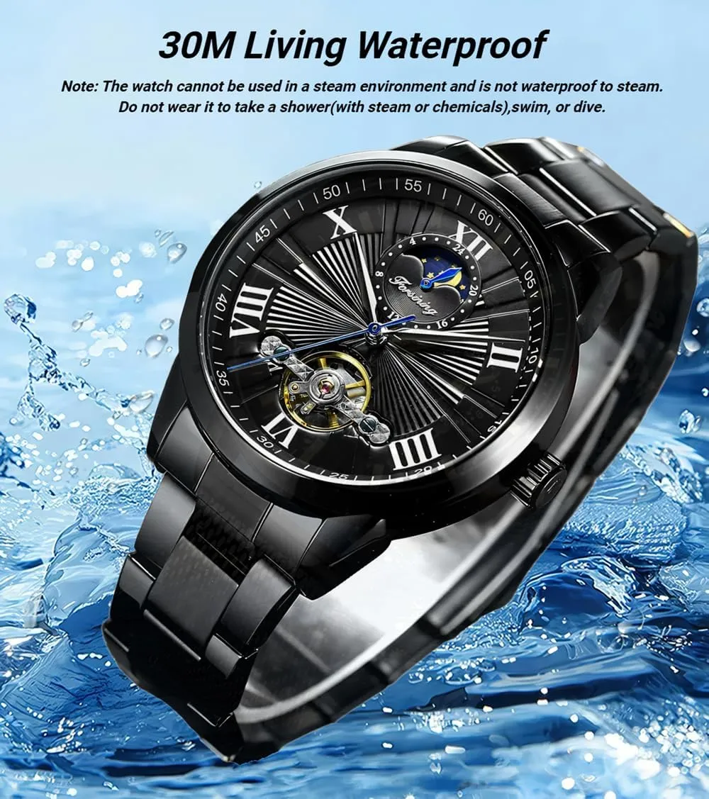 FORSINING Men Automatic Watch Moon Phase Flywheel Hollow Out Mechanical Watch Stainless Steel Strap Wristwatch Men's Waterproof Business Watches