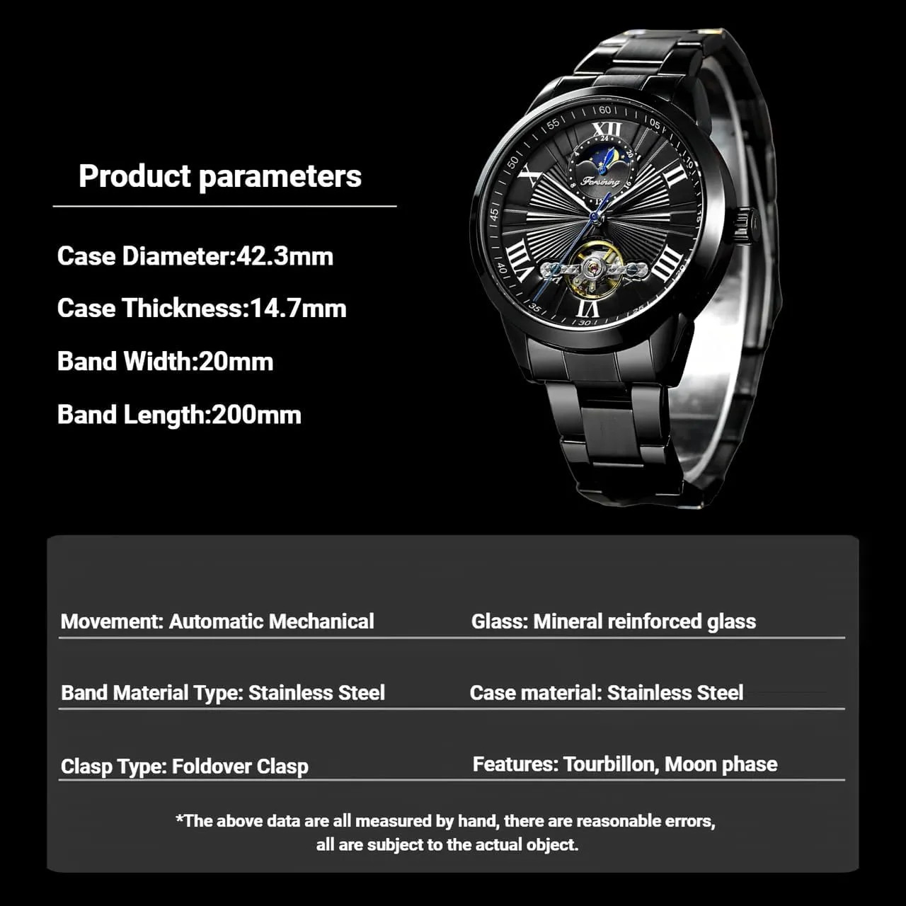 FORSINING Men Automatic Watch Moon Phase Flywheel Hollow Out Mechanical Watch Stainless Steel Strap Wristwatch Men's Waterproof Business Watches
