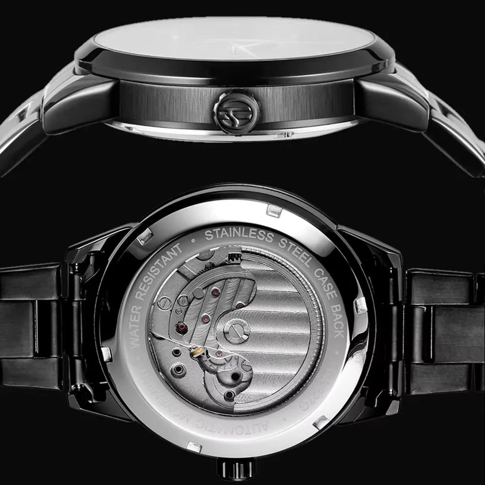 FORSINING Men Automatic Watch Moon Phase Flywheel Hollow Out Mechanical Watch Stainless Steel Strap Wristwatch Men's Waterproof Business Watches