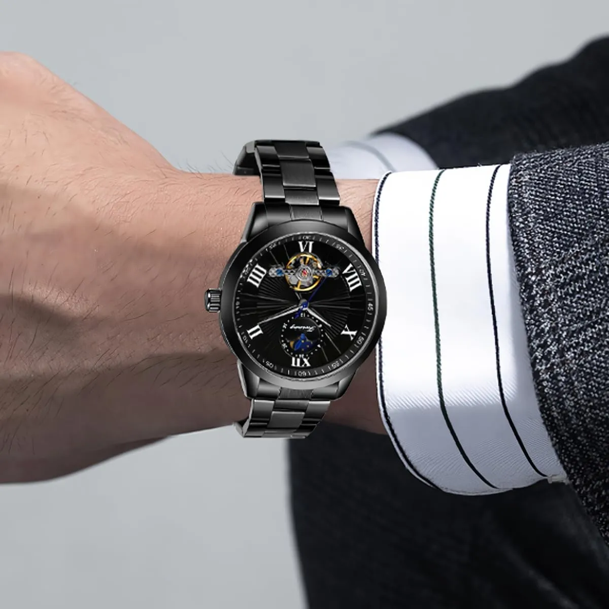 FORSINING Men Automatic Watch Moon Phase Flywheel Hollow Out Mechanical Watch Stainless Steel Strap Wristwatch Men's Waterproof Business Watches