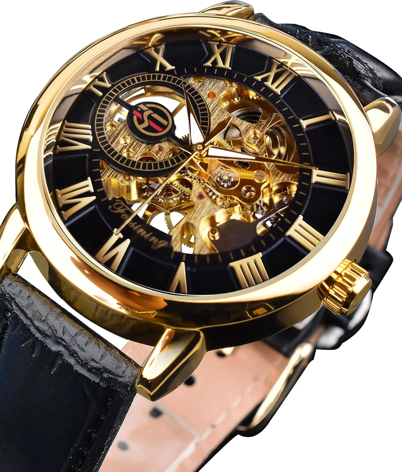FORSINING Men's Skeleton Watch Steampunk Watch Black Mechanical Watch for Men Minimalist Retro Design Mechanical Skeleton Wrist Watch Transparent