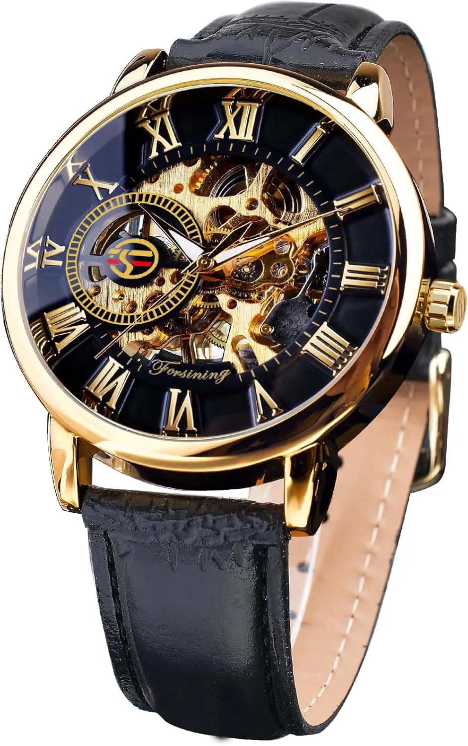 FORSINING Men's Skeleton Watch Steampunk Watch Black Mechanical Watch for Men Minimalist Retro Design Mechanical Skeleton Wrist Watch Transparent