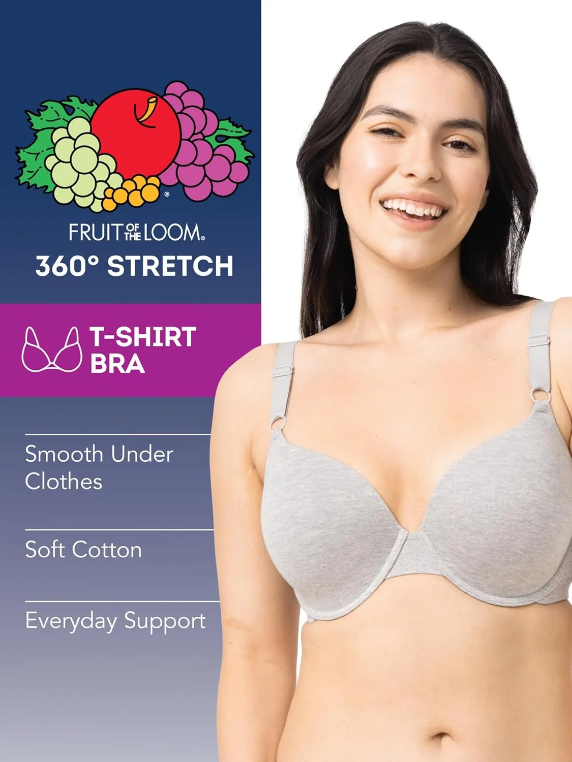 Fruit of the Loom Women's Smooth Cotton T-Shirt Bra Pack - Ultra-Soft, Flexible, and Invisible Under Tees