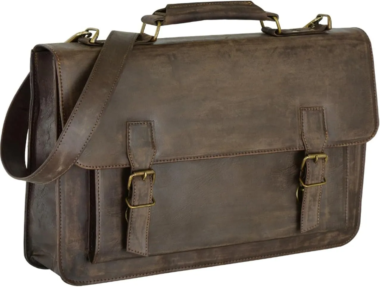 Full Grain Leather Briefcase for Men, Top Choice Gifts, Handcrafted Laptop Bag, University Bag with Multiple Compartments and Brass Hardware, Fits 15.6 Inch Laptop