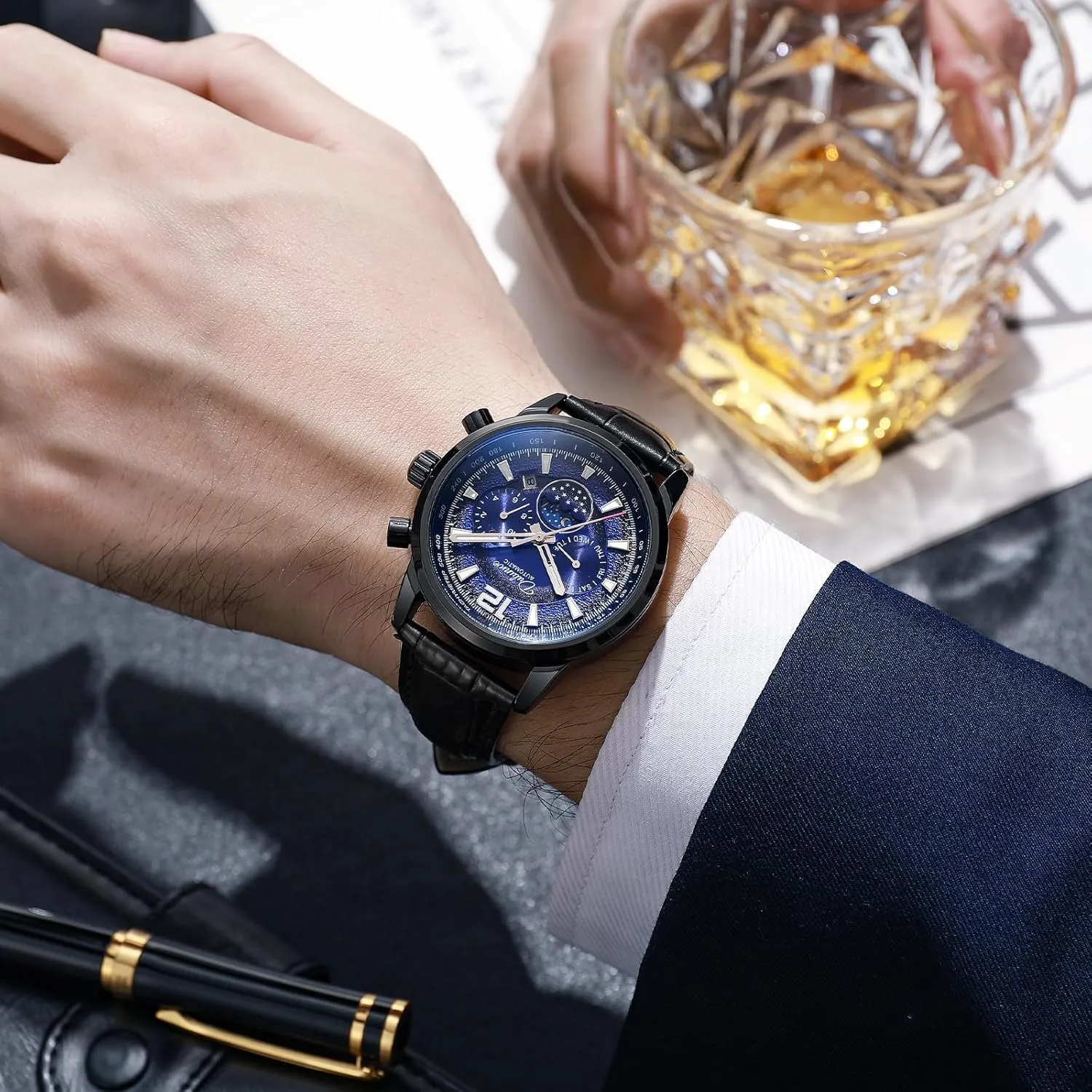 Fully Automatic Mechanical Watch Waterproof Luminous Moon Phase Window Weekly and Monthly Calendar Display Men's Light Luxury Trendy Mechanical Watch