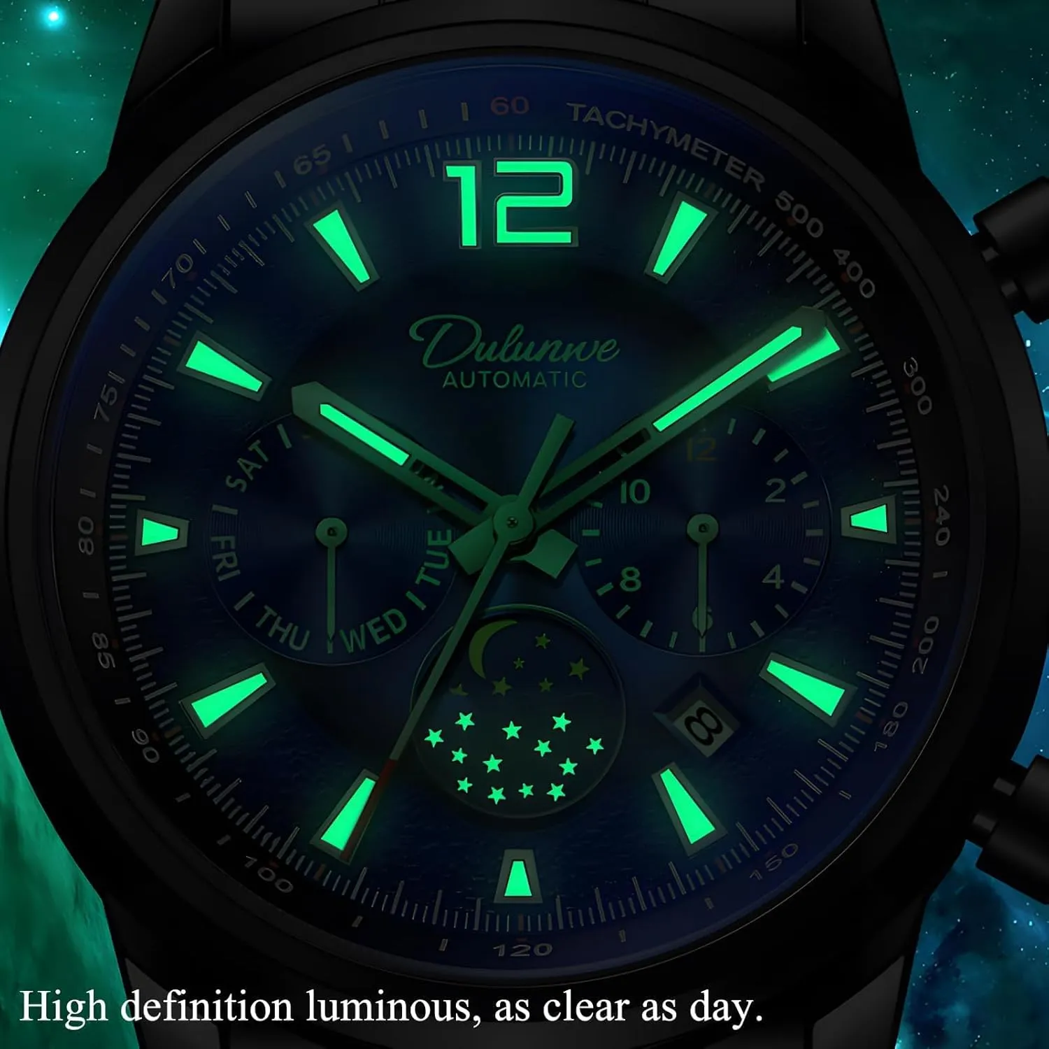 Fully Automatic Mechanical Watch Waterproof Luminous Moon Phase Window Weekly and Monthly Calendar Display Men's Light Luxury Trendy Mechanical Watch